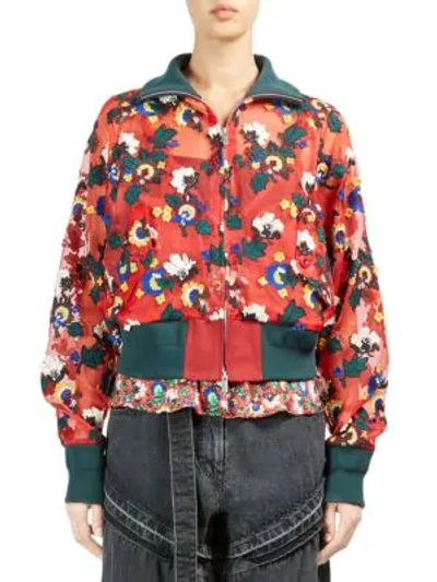 Shop Sacai Sheer Floral Bomber Jacket In Red