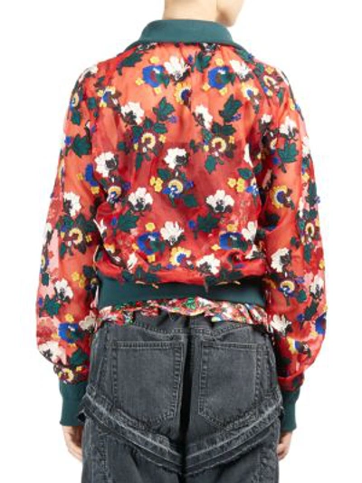 Shop Sacai Sheer Floral Bomber Jacket In Red