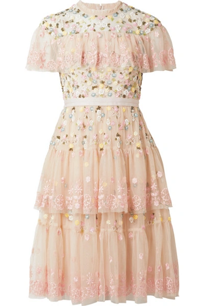 Shop Needle & Thread Anglais Tiered Embellished Tulle Mini Dress In Baby Pink