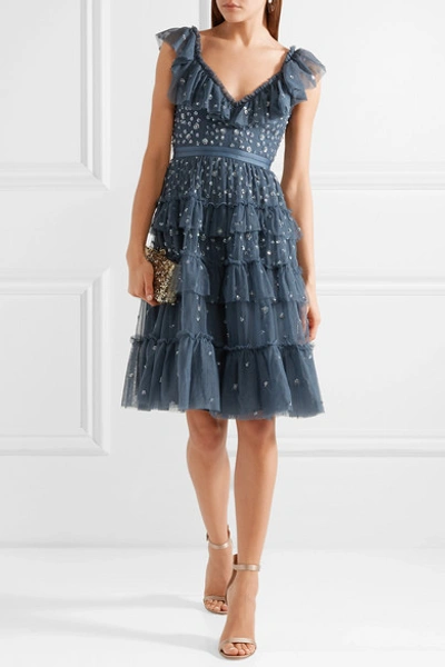 Shop Needle & Thread Sunburst Tiered Embellished Ruffle-trimmed Tulle Midi Dress In Storm Blue
