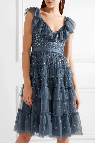 Shop Needle & Thread Sunburst Tiered Embellished Ruffle-trimmed Tulle Midi Dress In Storm Blue