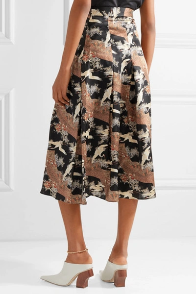 Shop Co Printed Pleated Silk-satin Midi Skirt In Brown