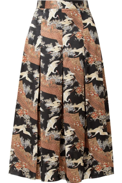Shop Co Printed Pleated Silk-satin Midi Skirt In Brown