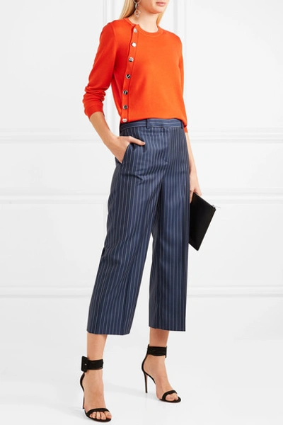 Shop Versace Cropped Striped Wool-twill Wide-leg Pants In Navy