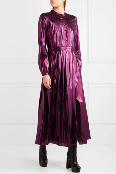 Shop Burberry Pintucked Silk-blend Lamé Midi Dress In Pink