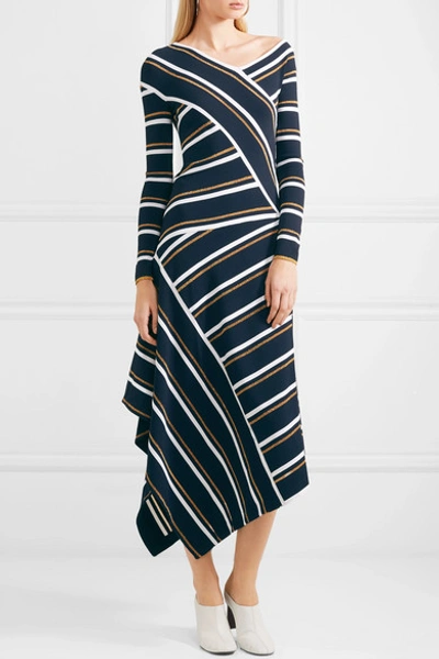 Shop Cedric Charlier Asymmetric Striped Metallic Knitted Midi Dress In Navy