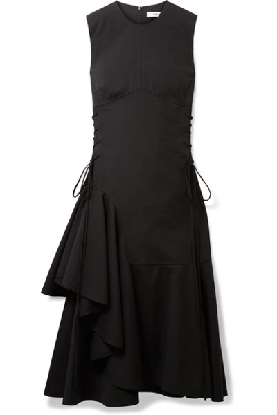 Shop Adeam Asymmetric Lace-up Wool-blend Midi Dress In Black