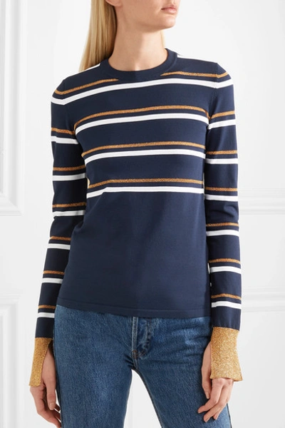 Shop Cedric Charlier Striped Metallic Knitted Sweater In Navy