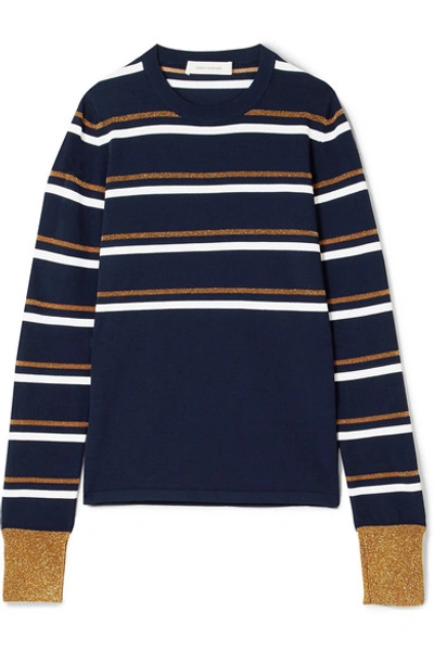 Shop Cedric Charlier Striped Metallic Knitted Sweater In Navy