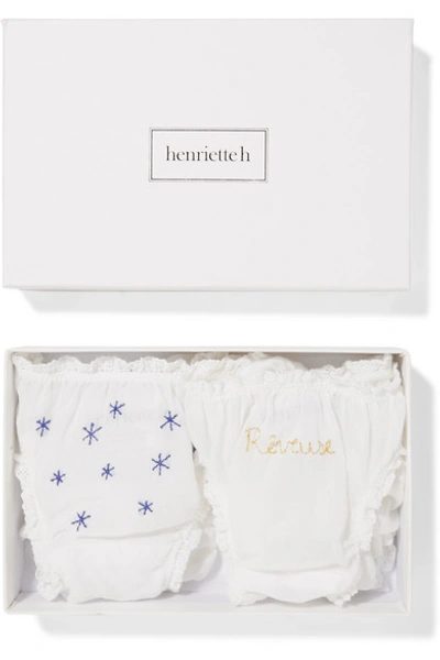 Shop Henriette H Reveuse Set Of Two Crochet-trimmed Embroidered Cotton Briefs In White