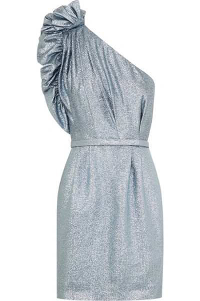 Shop Stella Mccartney Ruffled One-shoulder Lurex Mini Dress In Silver