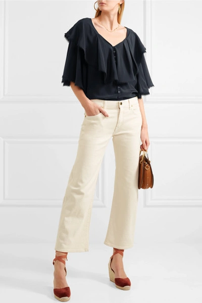 Shop Chloé Lace-trimmed Ruffled Silk Crepe De Chine Blouse In Navy
