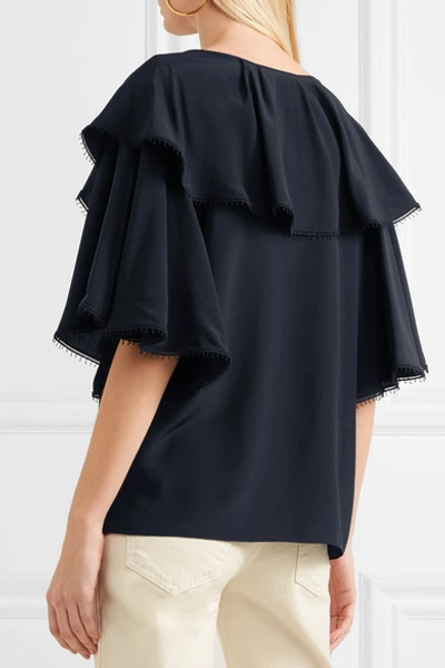 Shop Chloé Lace-trimmed Ruffled Silk Crepe De Chine Blouse In Navy