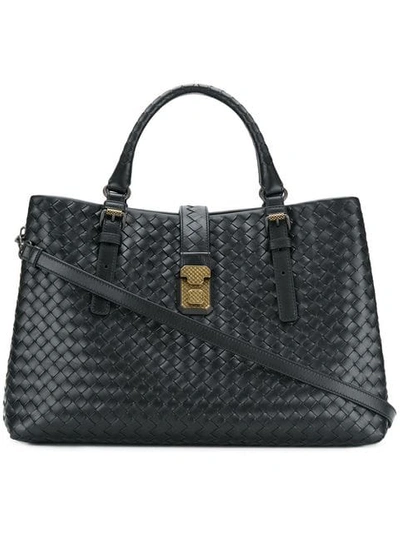 Shop Bottega Veneta Nero Intrecciato Calf Medium Roma Bag In Black