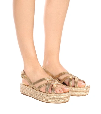 Shop Prada Leather Platform Sandals In Gold