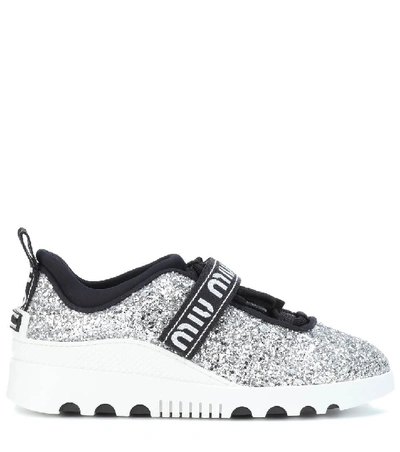 Shop Miu Miu Glitter Sneakers In Silver