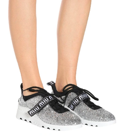 Shop Miu Miu Glitter Sneakers In Silver