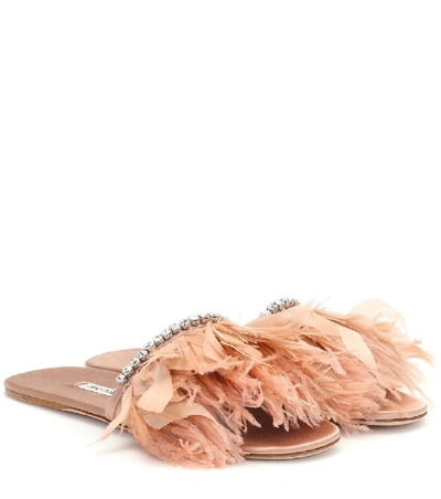 Shop Miu Miu Feather-trimmed Slides In Pink