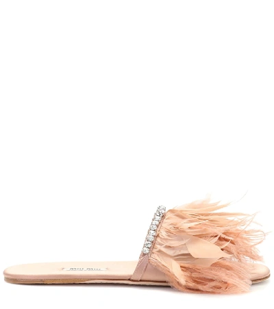 Shop Miu Miu Feather-trimmed Slides In Pink