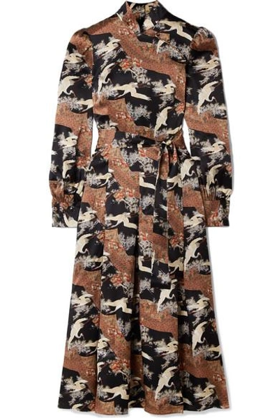 Shop Co Belted Printed Silk-satin Midi Dress In Brown