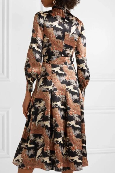 Shop Co Belted Printed Silk-satin Midi Dress In Brown