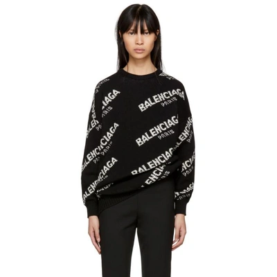 Shop Balenciaga Black All Over Logo Paris Sweater