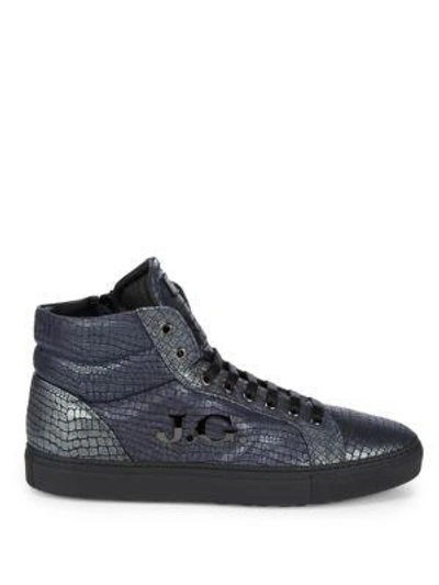 Shop John Galliano Hi-top Leather Logo Sneakers In Blue