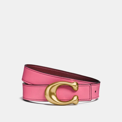 Shop Coach Sculpted Signature Reversible Belt In Bright Pink/wine/brass
