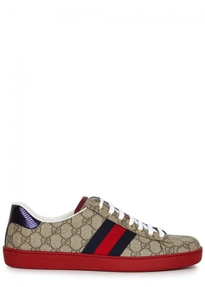 Shop Gucci Taupe Monogrammed Coated Canvas Trainers In Beige
