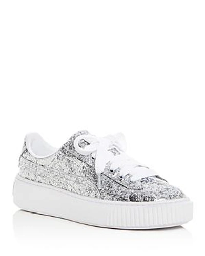 Shop Puma Women's Basket Glitter Lace Up Platform Sneakers In Gray