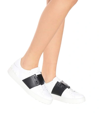 Shop Valentino Open Leather Sneakers In White