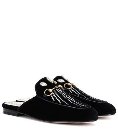 Shop Gucci Embellished Velvet Slippers In Black