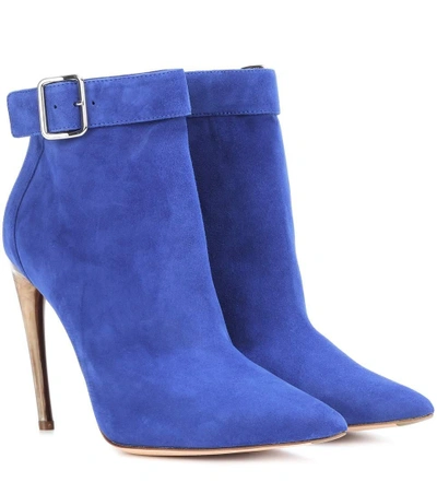 Shop Alexander Mcqueen Curved Horn-heel Suede Ankle Boots In Blue