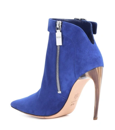 Shop Alexander Mcqueen Curved Horn-heel Suede Ankle Boots In Blue