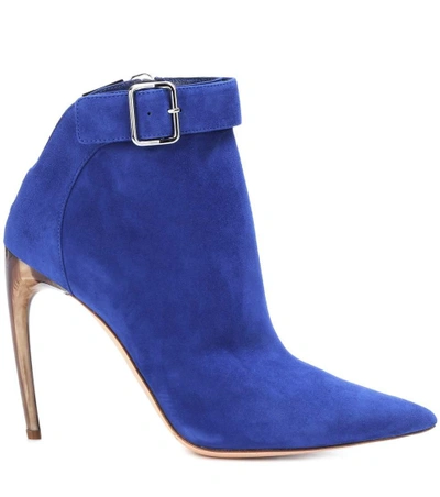 Shop Alexander Mcqueen Curved Horn-heel Suede Ankle Boots In Blue