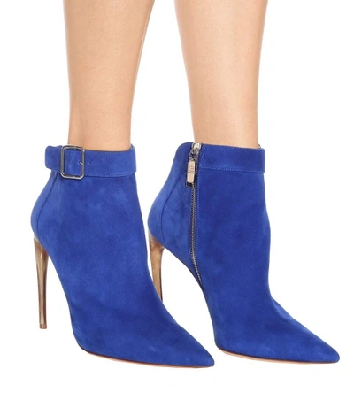 Shop Alexander Mcqueen Curved Horn-heel Suede Ankle Boots In Blue