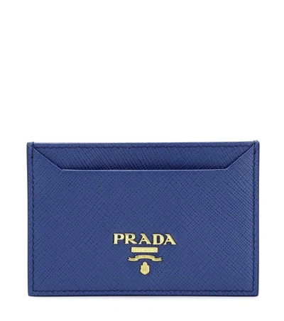 Shop Prada Leather Card Holder In Blue