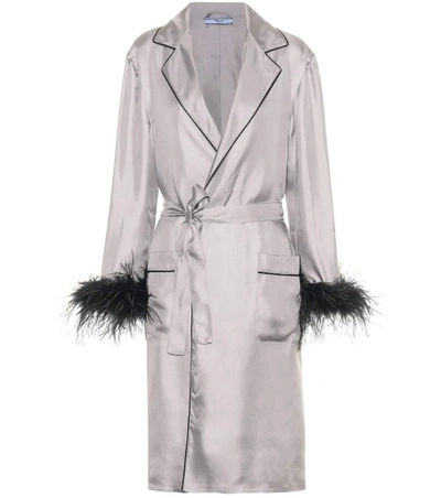 Prada Feather-trimmed Silk Robe In Pearl | ModeSens