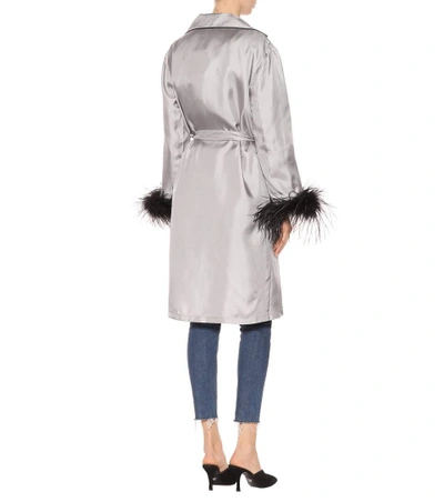 Shop Prada Feather-trimmed Silk Robe In Grey