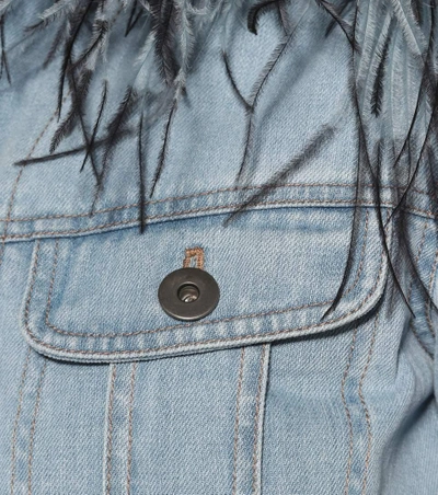 Shop Prada Feather-trimmed Denim Jacket In Blue