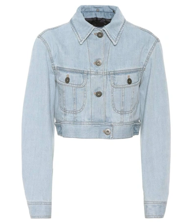 Shop Prada Feather-trimmed Denim Jacket In Blue