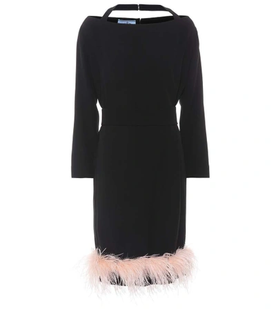 Shop Prada Feather-trimmed Crêpe Dress In Black