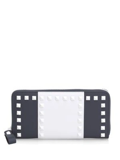 Shop Valentino Studded Two-tone Leather Continental Wallet In Navy