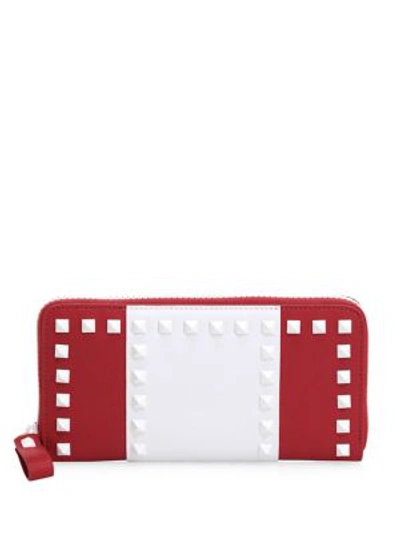 Shop Valentino Studded Two-tone Leather Continental Wallet In Red