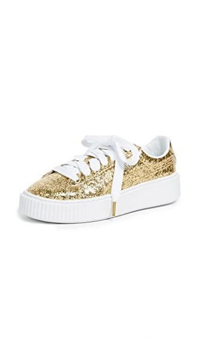 Shop Puma Basket Platform Glitter Sneakers In Gold/gold