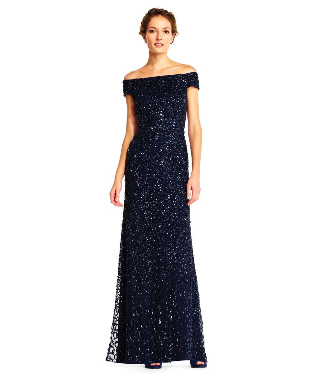 adrianna papell off the shoulder beaded gown