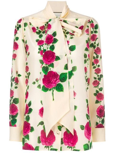Shop Gucci Rose Print Pussybow Blouse In Neutrals