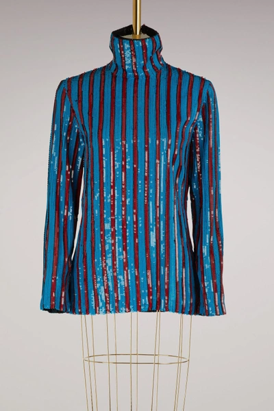 Shop Msgm Striped Top With Sequins In Blue/red