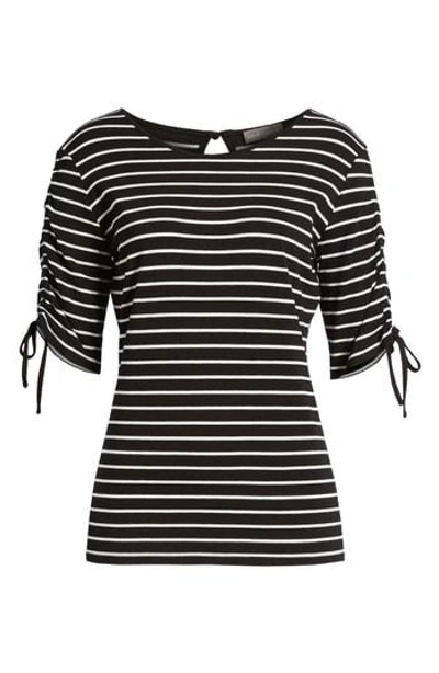 Shop Vince Camuto Drawstring Sleeve Stripe Top In Rich Black