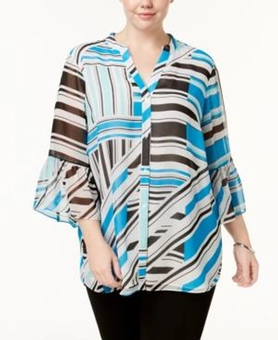 Shop Calvin Klein Plus Size Printed Bell-sleeve Tunic In Adriatic/soft White Stripe